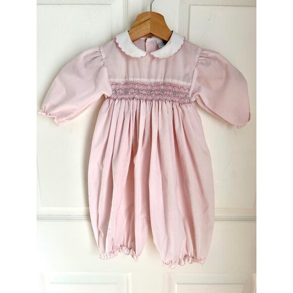 Vintage Baby Girl Smocked Cotton Blend Pink Bubble Suit 9 Months - Picture 1 of 9